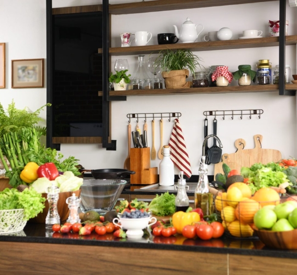 Interiors design of kitchen  with some vegetables and fruits